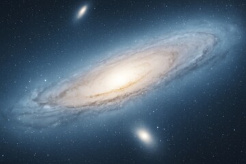Poster - Spiral galaxy glowing in deep space with stars scattered around on a dark cosmic background, highlighting science and astronomy concepts.