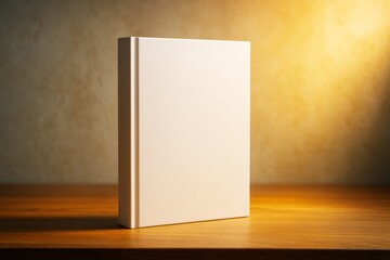 Aufkleber - Minimalistic blank book standing upright on wooden surface with warm ambient light and soft textured background in artistic creative composition.