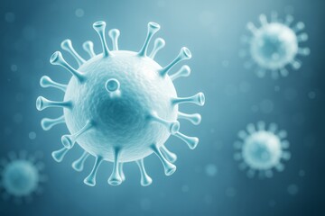 Aufkleber - Microscopic view of virus particles with spikes on blue light background symbolizing infection, disease spread, and medical science concept.