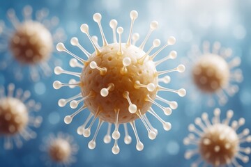 Aufkleber - Close-up of stylized viral particles with spike proteins on abstract blue background symbolizing microscopic biology and medical science concept.
