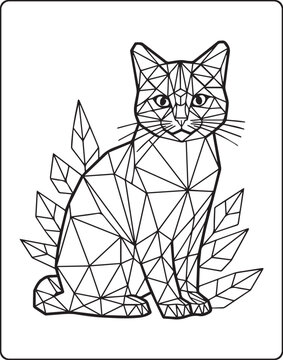 Geometric animal polygon line art cat black outline vector illustration for children coloring page or book design