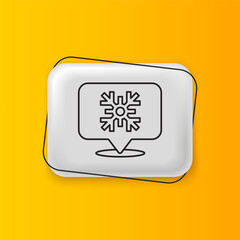 Poster - Black Snowflake with speech bubble icon isolated on yellow background. Merry Christmas and Happy New Year. Silver rectangle button. Vector