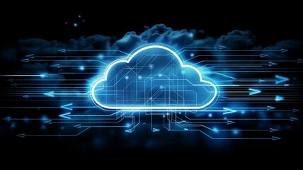Poster - Digital cloud storage concept with glowing technology elements and data streaming