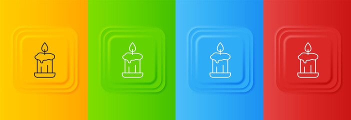 Poster - White Burning candle in candlestick icon isolated on colorful background. Old fashioned lit candle. Cylindrical candle stick with burning flame. Set icons in square buttons. Vector