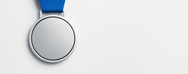 Aufkleber - Silver sport medal with blue ribbon on clean white background, minimalistic design with copyspace on right side for promotion or template use.
