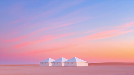 Poster - 夕暮れの砂漠に佇む白いテント ミニマルな風景 ピンクと紫色の空 美しい夕焼けの背景 パノラマの風景 砂丘の静寂と穏やかな雰囲気