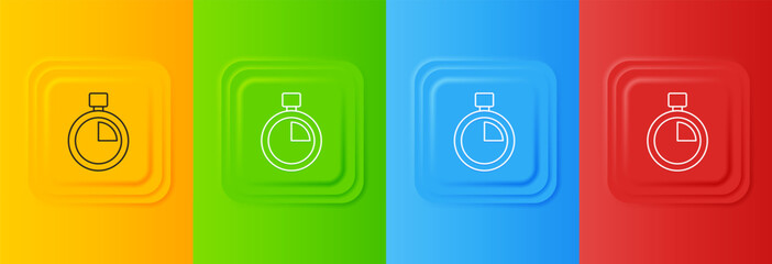 Poster - White Stopwatch icon isolated on colorful background. Time timer sign. Chronometer sign. Set icons in square buttons. Vector