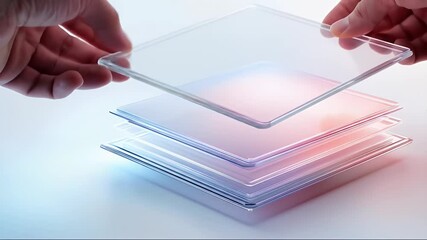 Aufkleber - 透明なガラスの正方形を積み重ねる手を持つ抽象的なデザインの背景 テクノロジーの革新的な技術のプレゼンテーション
