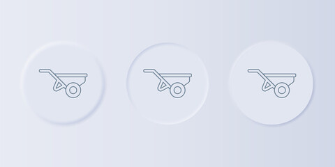 Poster - Grey Wheelbarrow with dirt icon isolated on grey background. Tool equipment. Agriculture cart wheel farm. Set icons in square buttons. Vector