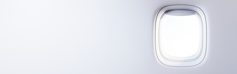 Poster - Airplane window view with bright white light and clean minimal background for travel or transport concept with copy space on the left side.