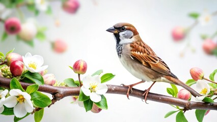Naklejka na meble Urban Sparrow Apple Tree Branch Photography - Elegant Cityscape Background - Bird Photo