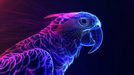 Poster - This vibrant hologram features a parrot design glowing in neon colors, floating in a dark space.