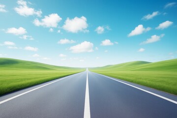 Poster - Long empty road under blue sky with white clouds and green grassy hills in background, symbolizing freedom, light, and travel concept.