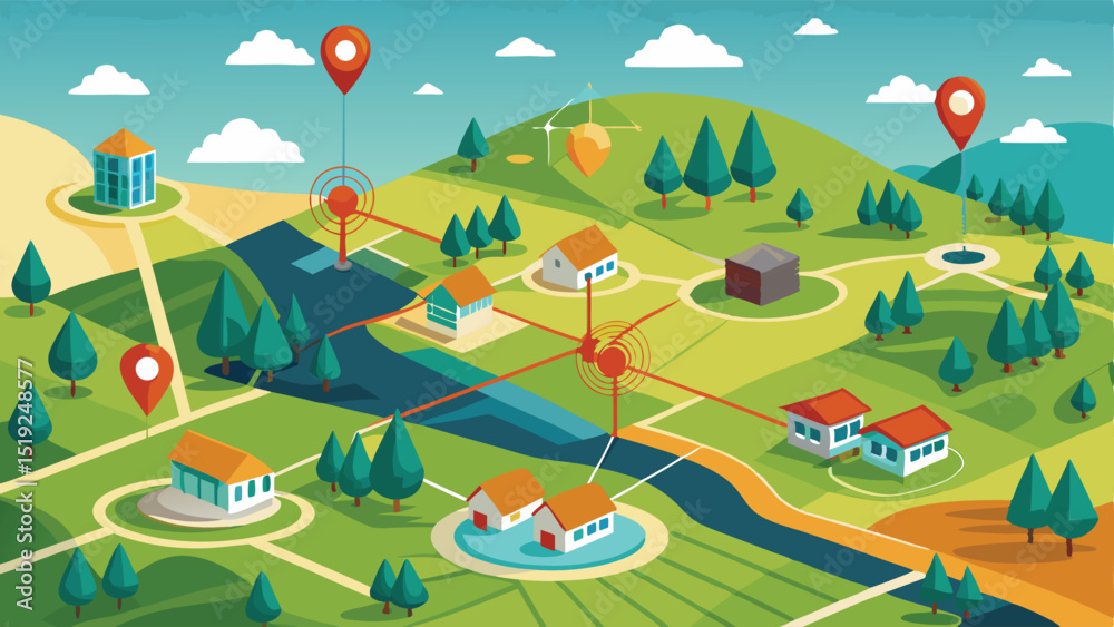 Stylized Isometric Map of a Neighborhood with Location Markers and ...