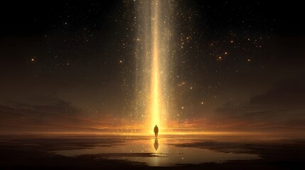 Leinwandbilder - A luminous beam of golden light descends from the starry sky illuminating the silhouette of a lone figure standing in awe and contemplation