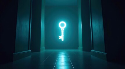 Aufkleber - A neon key is lit up in a dark hallway