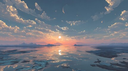 Poster - A serene and dreamlike sunset scene with the ocean reflecting the vibrant colors of the sky and distant islands creating a surreal otherworldly atmosphere