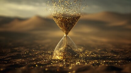 Poster - A massive sand hourglass stands in the arid desert glowing with a warm golden light  Time particles drift upwards into the expansive sky symbolizing the eternal passage of time