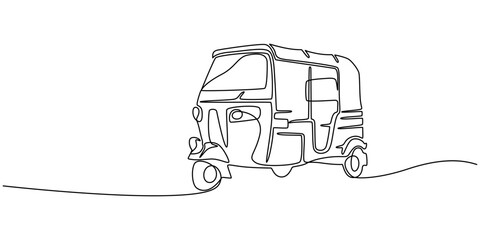 Aufkleber - tuk tuk one line drawing. simple vector sketch of a classic bajaj vehicle, continuous one line drawi