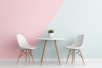 Poster - Contemporary dining room concept. Modern minimalist dining area with pastel-colored walls and a small table adorned with a potted plant.