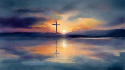 Aufkleber - A glowing cross floats peacefully above the calm waters its reflection mirrored below in a tranquil and spiritual landscape at sunset