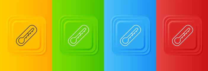 Poster - White Meteorology thermometer measuring heat and cold icon isolated on colorful background. Thermometer equipment showing hot or cold weather. Set icons in square buttons. Vector