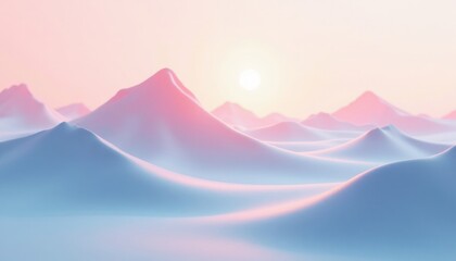 Poster - Pastel-colored mountain landscape with a soft gradient sky and a bright sun in the background