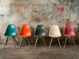 Poster - Contemporary dining room concept. Five colorful chairs line up against a textured wall, showcasing a retro design aesthetic.
