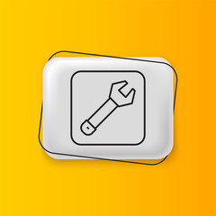 Poster - Black Wrench spanner icon isolated on yellow background. Spanner repair tool. Service tool symbol. Silver rectangle button. Vector