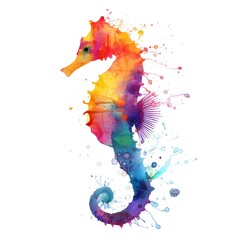 Aufkleber - A captivating seahorse figure rendered in a vibrant rainbow inspired watercolor style floating gracefully against a clean white background