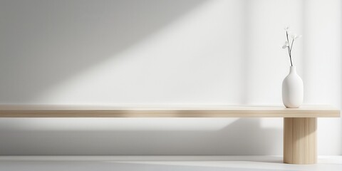Aufkleber - Contemporary dining room concept. Minimalist interior featuring a wooden bench and a vase with a flower against a softly lit background.