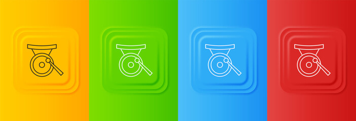 Poster - White Gong musical percussion instrument circular metal disc and hammer icon isolated on colorful background. Set icons in square buttons. Vector