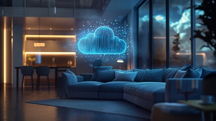 Poster - Modern living space showcases holographic cloud storage concept with high-tech ambiance in evening light