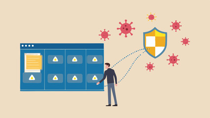 Man interacting with interface protected by shield from viruses in a digital environment shown in the image