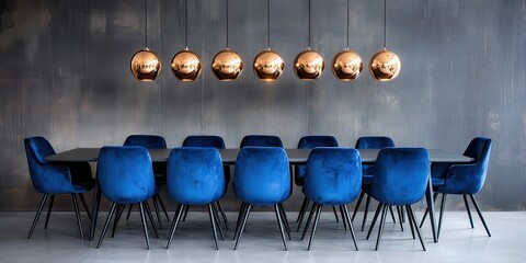 Poster - Contemporary dining room concept. Modern dining space featuring stylish blue chairs and unique pendant lighting.