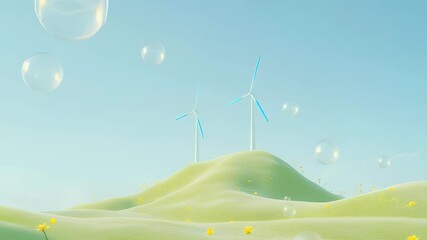 Poster - 柔らかな照明の下で輝くシャボン玉と風力タービンが丘の上の緑の草地に並ぶ静かな風景 環境とエネルギーの調和を示すミニマルなコンセプト