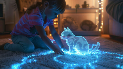 Poster - This child interacts with a glowing hologram of a pet cat, captivated in a warm, inviting space.