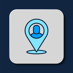 Poster - Filled outline Worker location icon isolated on blue background. Vector