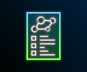Poster - Glowing neon line Medical clipboard with clinical record icon isolated on black background. Health insurance form. Prescription, medical check marks report. Colorful outline concept. Vector