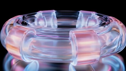 Fototapete - 抽象的なトーラス形状の3Dレンダリング透明なガラス素材で光を屈折させサイエンスフィクションと技術的な美学を醸し出す黒い背景に分離されています