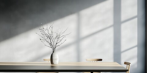 Aufkleber - Contemporary dining room concept. Minimalist interior with a table, vase, and natural light casting shadows.