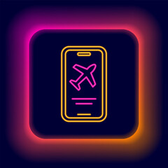 Poster - Glowing neon line Smartphone with electronic boarding pass airline ticket icon isolated on black background. Passenger plane mobile ticket for web and app. Colorful outline concept. Vector