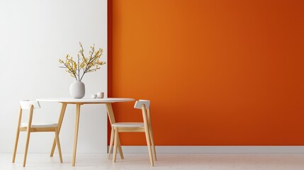 Poster - Contemporary dining room concept. Modern dining area with minimalist decor and vibrant orange wall accent.