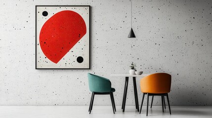 Poster - Contemporary dining room concept. Modern interior featuring colorful chairs and abstract wall art in a stylish setting.