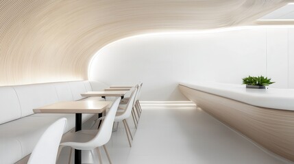 Poster - Contemporary dining room concept. Modern minimalist cafe interior with curved design and neutral tones.