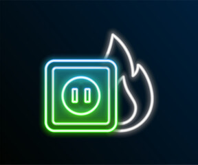 Poster - Glowing neon line Electric wiring of socket in fire icon isolated on black background. Electrical safety concept. Plug outlet on fire. Colorful outline concept. Vector