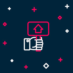 Poster - Line Hand holding auction paddle icon isolated on blue background. Bidding concept. Auction competition. Hands rising signs with BID inscriptions. Colorful outline concept. Vector