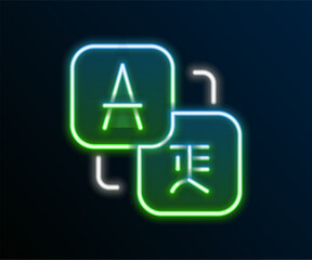 Fototapete - Glowing neon line Translator icon isolated on black background. Foreign language conversation icons in chat speech bubble. Translating concept. Colorful outline concept. Vector