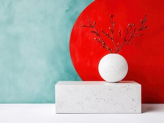 Poster - Contemporary dining room concept. Contemporary vase with branches against a colorful abstract background.