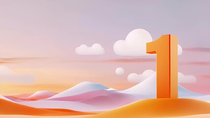 Poster - オレンジ色の数字1 が表示された 穏やかな空と山々の風景の抽象的な3D レンダリング